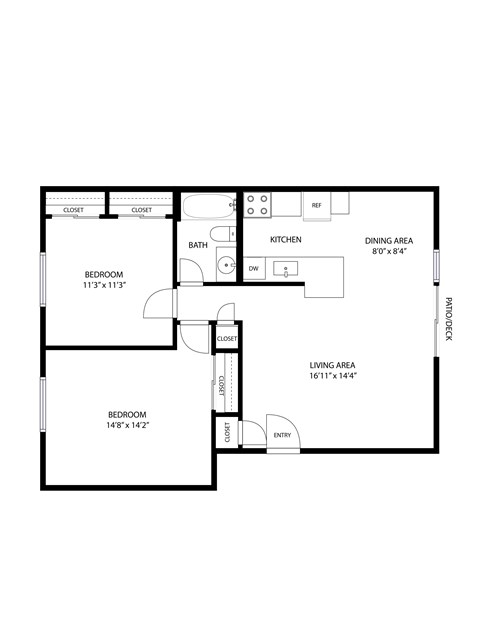 A floor plan of a house with a living area, dining area, kitchen, two bedrooms, a bathroom, and an entry.